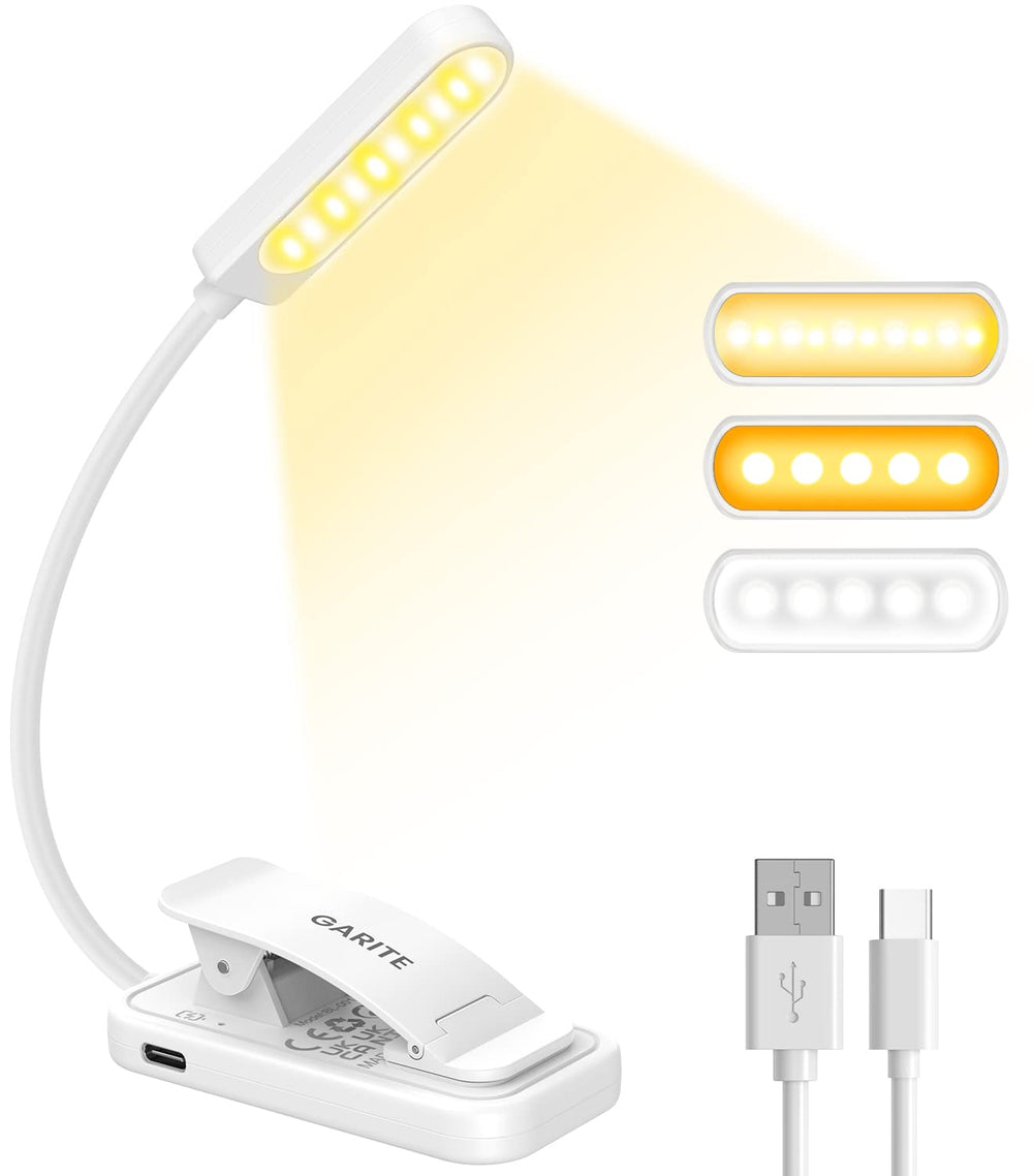 Leselampe Buch Klemme, GARITE 10 LED Buchlampe mit Stufenloser Dimmung, 3 Farbmodi (Warm/Kühl/Weiß), USB Wiederaufladbare Klemmlampe, 360° Faltbare Leselampe für Nachtlesen, Buch, Bett, Büro, Reisen