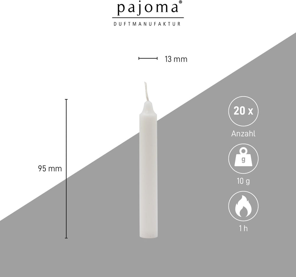 pajoma® 20x Geburtstagskerzen in Weiß - Hochwertige Spitzkerzen | Wachsgewicht: 10g, Brenndauer ca. 1 std. 95 x 13 mm | Premium Stabkerzen