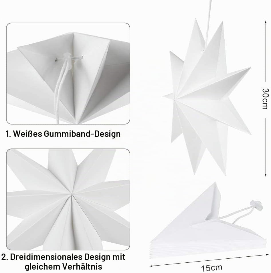 Wishstar Papiersterne Weihnachten, Faltsterne Weiß, Papierstern zum Aufhängen, Papier Weihnachtsstern, Dekostern Weihnachts für Fenstern Haus Partys Hochzeiten(3 Stück)