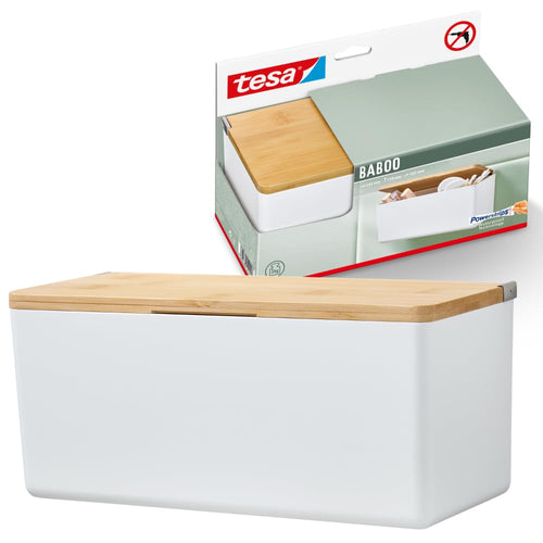 tesa Baboo Badorganizer S mit Bambus-Deckel, matt-weiß - Bad-Aufbewahrungsbox zur Wandmontage ohne Bohren, inkl Powerstrips Waterproof Strips XL - 122 mm x 110 mm x 102 mm