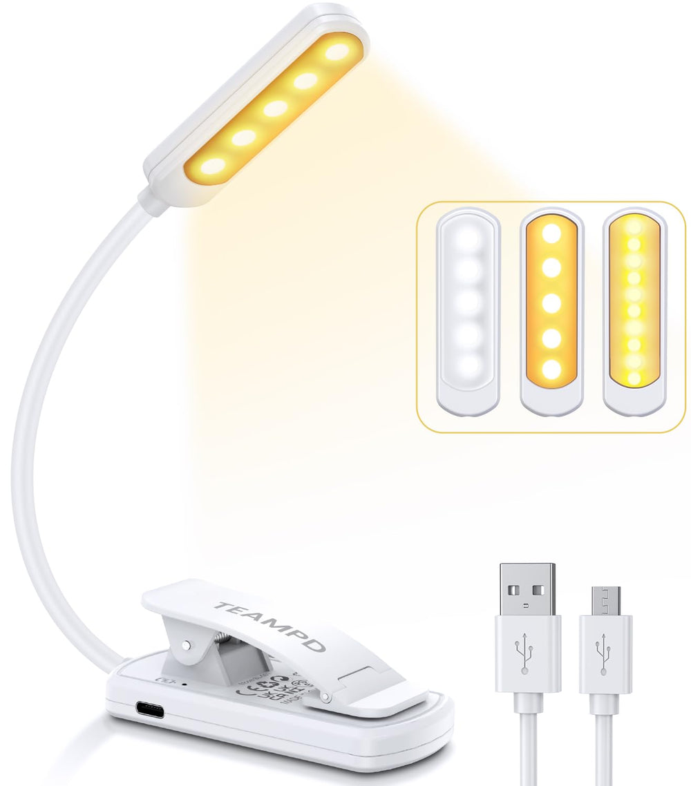TEAMPD Leselampe Buch Klemme, Buchlampe mit 10 LEDs, 3 Farbtemperatur Modi Dimmbare Helligkeit, Augenschutz Klemmlampe, USB Wiederaufladbare Klemmleuchte, 360° Flexibel für Nachtlesen ins Bett, Reisen