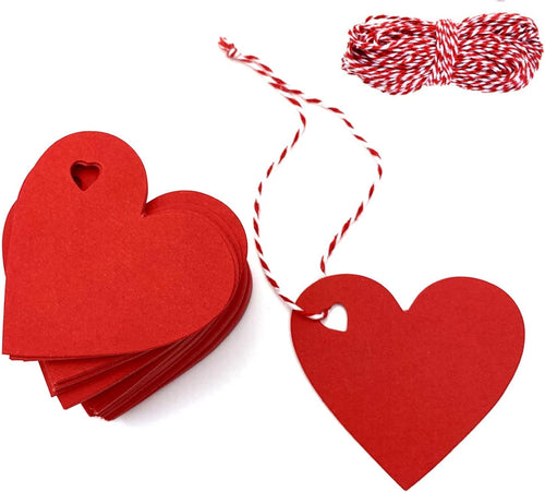 100 Stück Herz-Geschenkanhänger, Geschenkanhänger mit 10m Schnur, Kraftpapier Anhänger Etiketten, Geeignet für Valentinstag/Weihnachten/Hochzeit/Thanksgiving/Geburtstag/Feiertagsfeier (Rot）