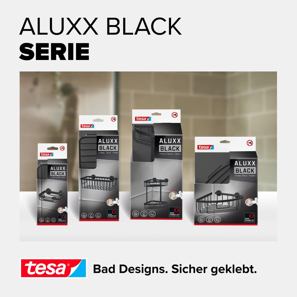 tesa ALUXX BLACK Seifenablage zur Wandmontage ohne Bohren, schwarz matt - für Bäder im Industrial Style und moderne Badezimmer - mit Klebelösung - 135 mm x 46 mm x 95 mm
