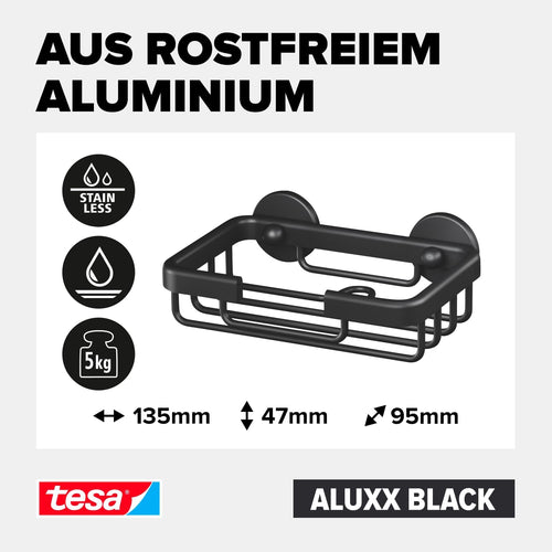 tesa ALUXX BLACK Seifenablage zur Wandmontage ohne Bohren, schwarz matt - für Bäder im Industrial Style und moderne Badezimmer - mit Klebelösung - 135 mm x 46 mm x 95 mm