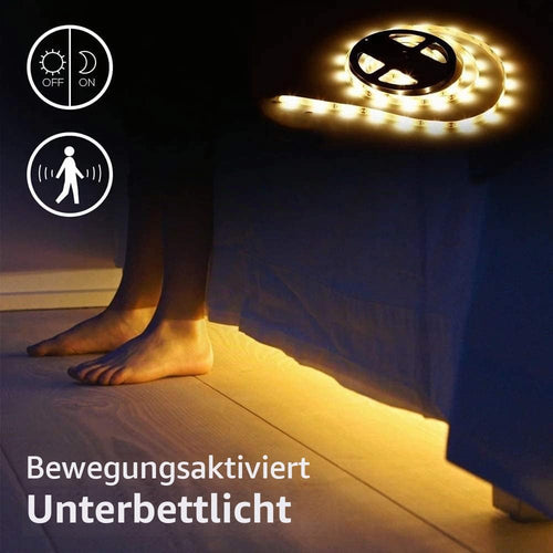 LED Strip mit Bewegungsmelder 1M, LED Schrankbeleuchtung Batteriebetrieben Streifen,Warmweiß 3000K Nachtlicht Stripe für Schrank,Treppe, Bett, Babyzimmer, Küche,Bücherregal