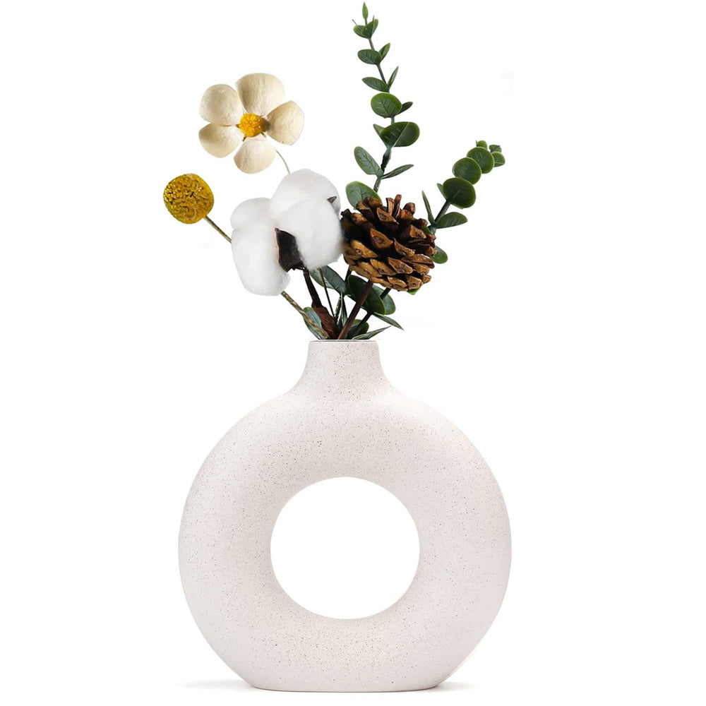 Weiße Donut Keramik Vase Satz von 2 für Moderne Home Decor, Runde Matte Vasen für Pampasgras, Neutral Boho Nordic Minimalismus Stil Blumenvasen（Groß+klein）