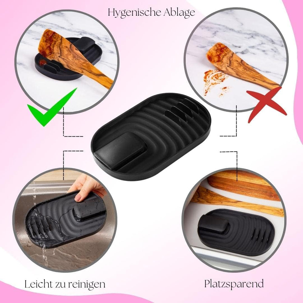 Löffelablage für Ordnung in der Küche - Topfdeckelhalter & Kochlöffelablage in einem - Ablage für Deckel, Utensilien, Pfannenwender, Tablet [schwarz]