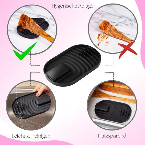 Löffelablage für Ordnung in der Küche - Topfdeckelhalter & Kochlöffelablage in einem - Ablage für Deckel, Utensilien, Pfannenwender, Tablet [schwarz]
