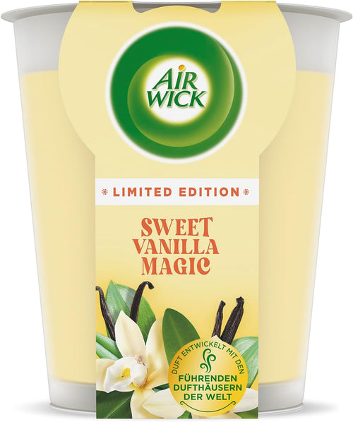Air Wick Wohlfühl-Duftkerze XL im Glas – Duft: Sweet Vanilla Magic – Bis zu 40 Stunden Brenndauer – Enthält natürliche ätherische Öle – 220 g Duftkerze