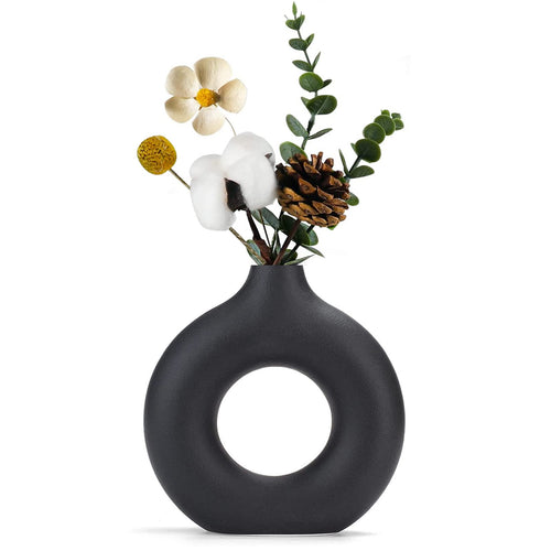 Weiße Donut Keramik Vase Satz von 2 für Moderne Home Decor, Runde Matte Vasen für Pampasgras, Neutral Boho Nordic Minimalismus Stil Blumenvasen（Groß+klein）