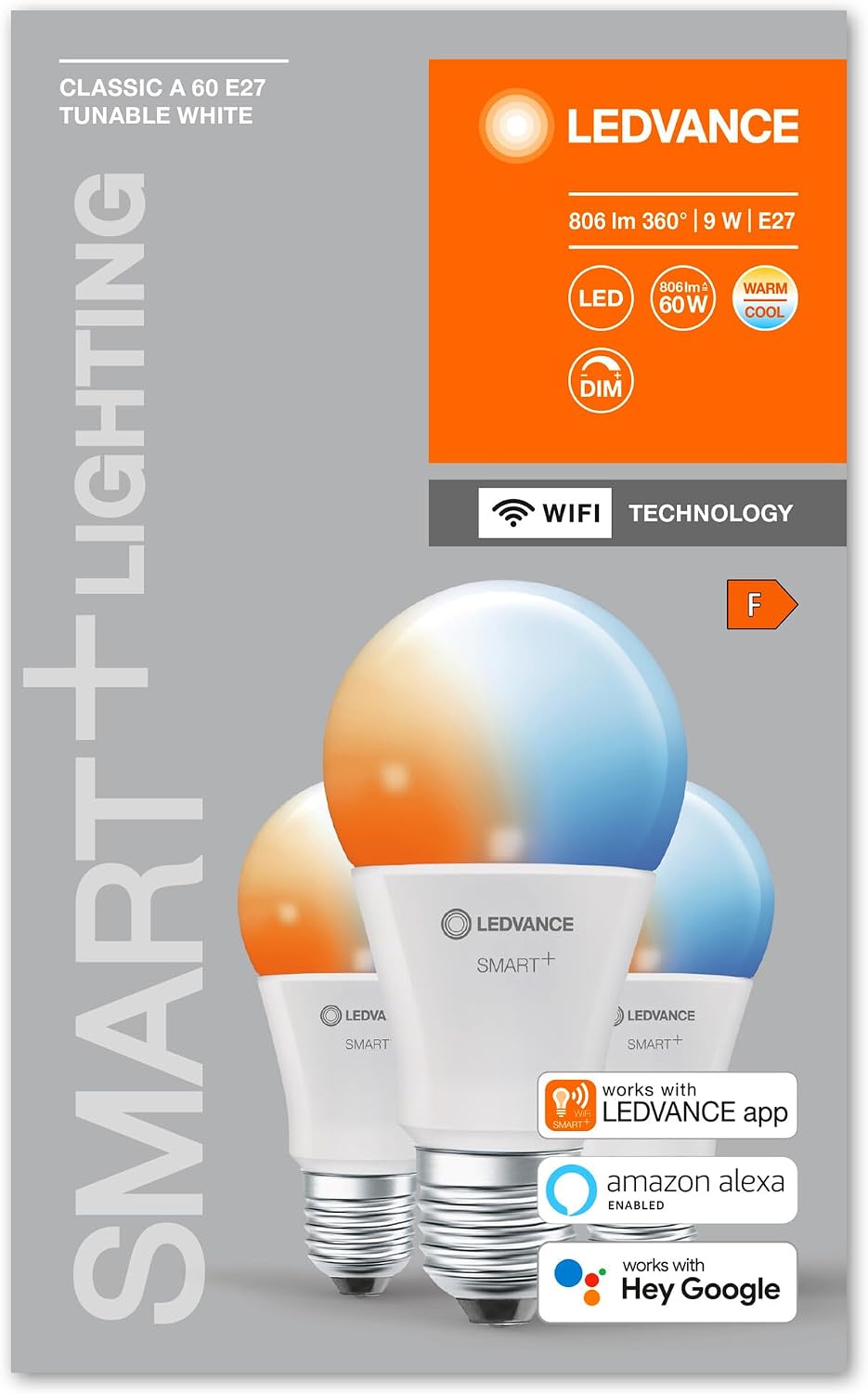 Ledvance Smarte LED-Lampe mit WiFi Technologie, Sockel E27, Dimmbar, Lichtfarbe änderbar (2700-6500K), ersetzt Glühlampen mit 60 W, SMART+ WiFi Classic Tunable White, 3er-Pack