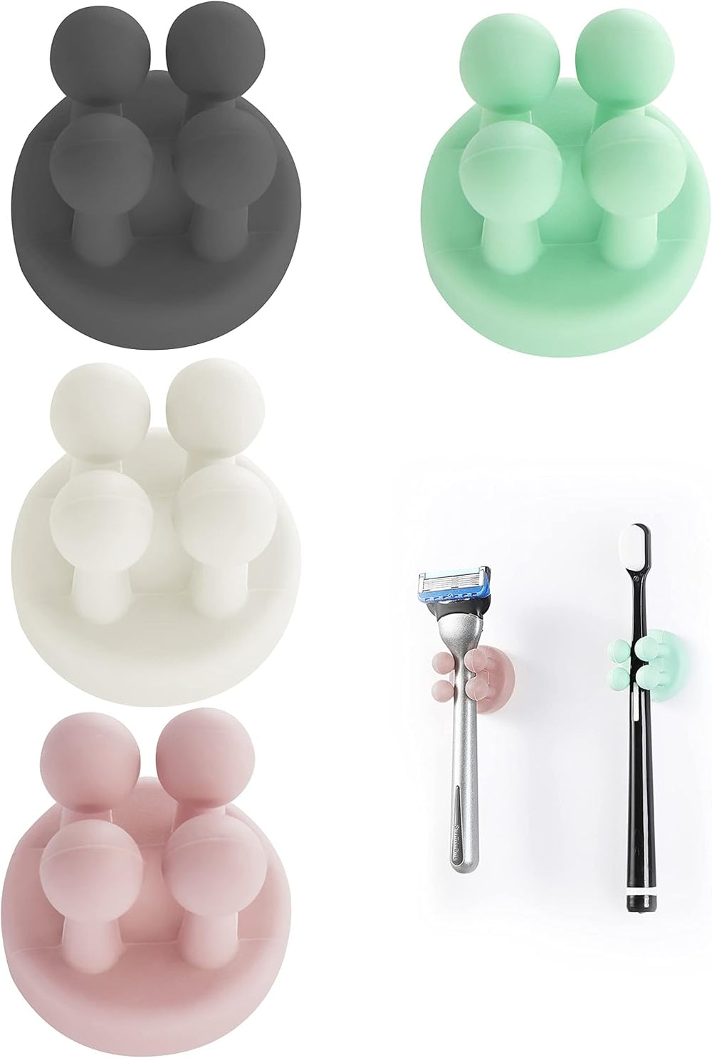 Zayin Silicone Toothbrush Zahnbürstenhalter Rasiererhalter Multifunktions-Haken Wasserdicht Selbstklebend Zahnbürstenhaken Stopfenhalter (4 Stück Schwarz, Weiß, Rosa, Grün)