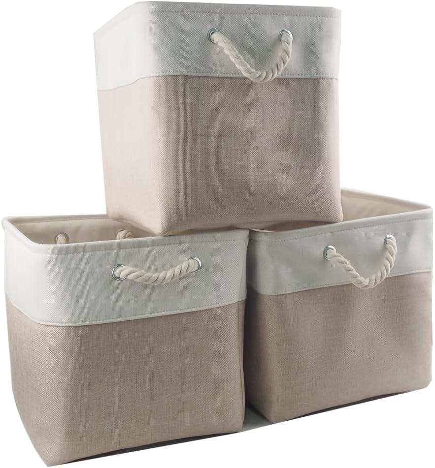 Mangata Stoff Aufbewahrungsbox 33x33x33 cm Faltbar Helles Khaki Weiß 1er Pack