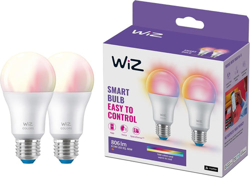 WiZ Warm White LED Lampen E27 2er Pack (806 lm), 60 W Lampen mit warmweißem dimmbarem Licht, smarte Lichtsteuerung über WLAN per Stimme/App