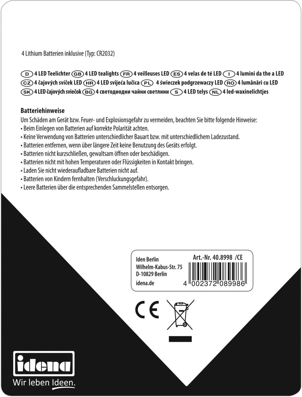 Idena LED Teelichter Warmweiß, 4 Stück