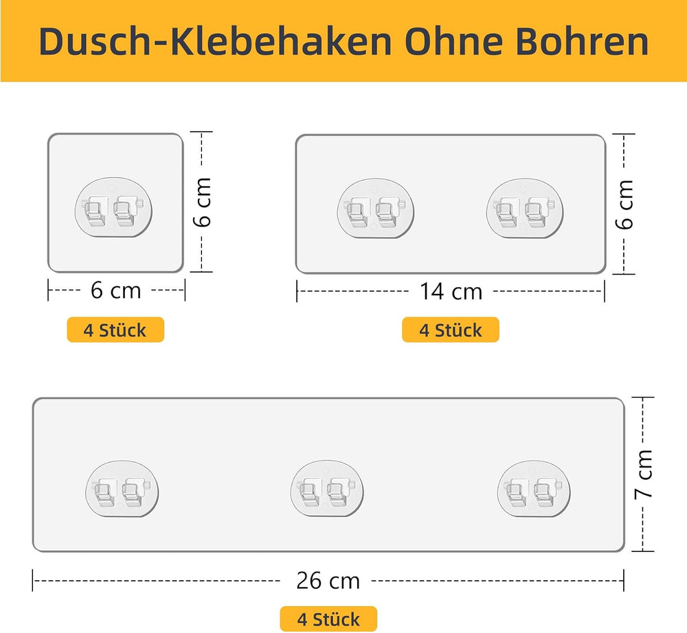 Dreamark Dusch-Klebehaken Ohne Bohren, 12 Stück Starke Transparente Klebehaken Wasserdicht für Duschregal, Seifenhalter, Badregal & Eckregal in der Küche- Keine Löcher für Küche & Bad