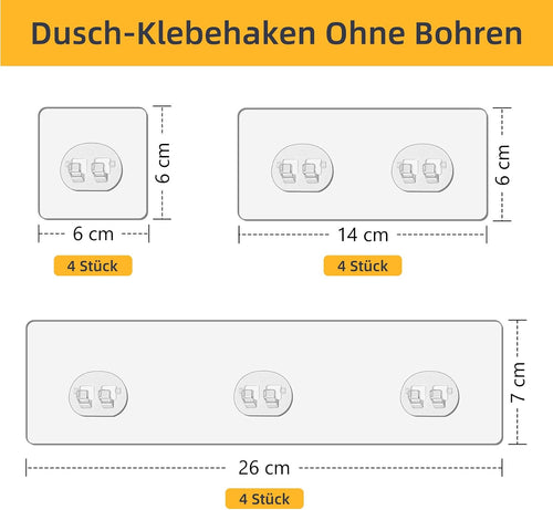 Dreamark Dusch-Klebehaken Ohne Bohren, 12 Stück Starke Transparente Klebehaken Wasserdicht für Duschregal, Seifenhalter, Badregal & Eckregal in der Küche- Keine Löcher für Küche & Bad