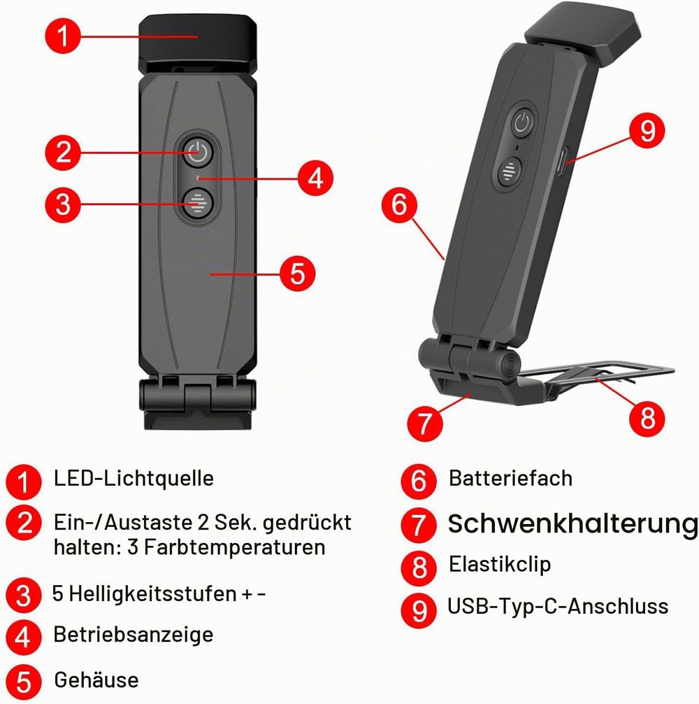 Leselampe mit Klemmen, LED-Licht für Bücher und Bett, USB, wiederaufladbar, 3 Farbmodi und 5 Helligkeitsstufen, Geschenk für Liebhaber