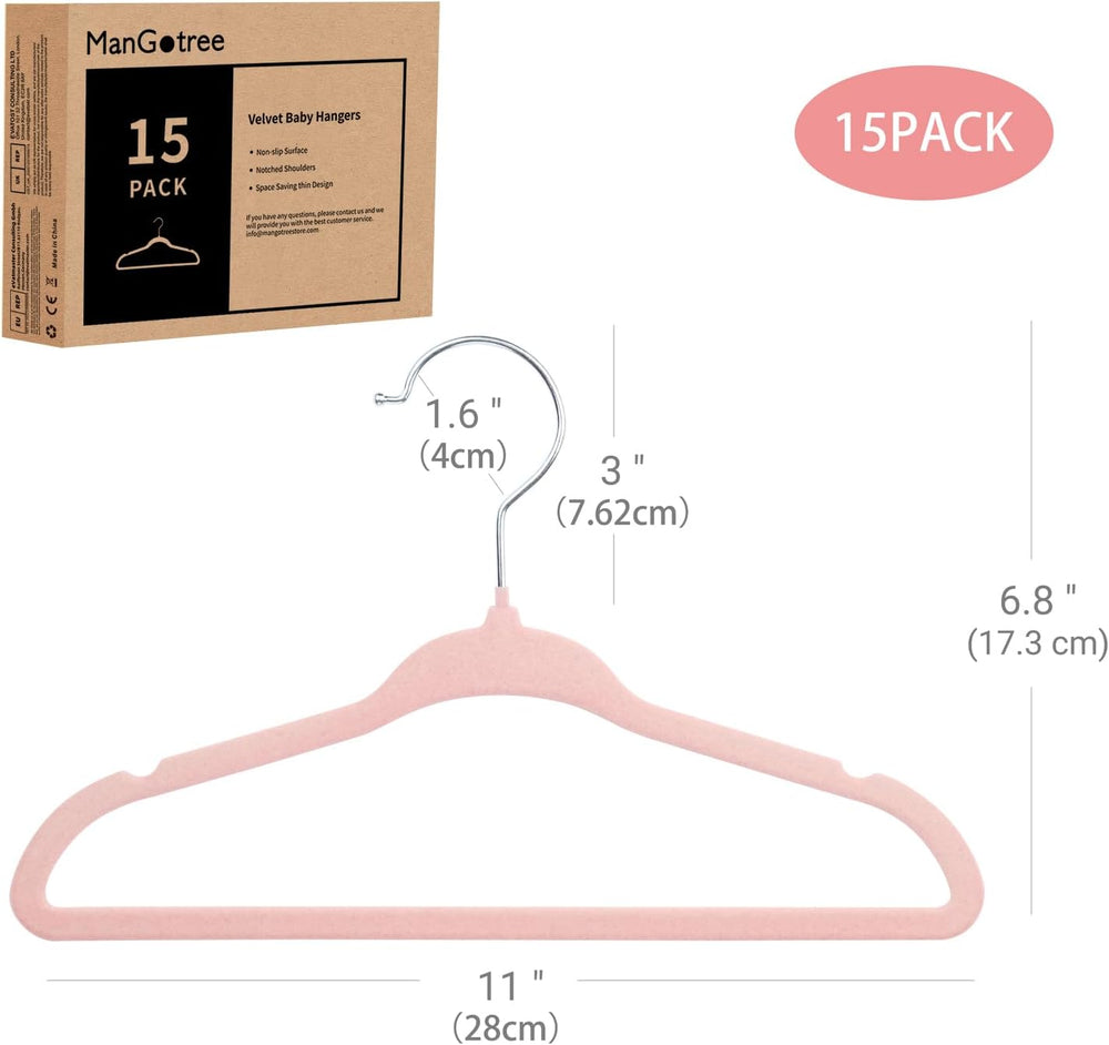 ManGotree 28 cm rutschfeste Baby-Kleiderbügel aus Samt 15 Stück Hellrosa