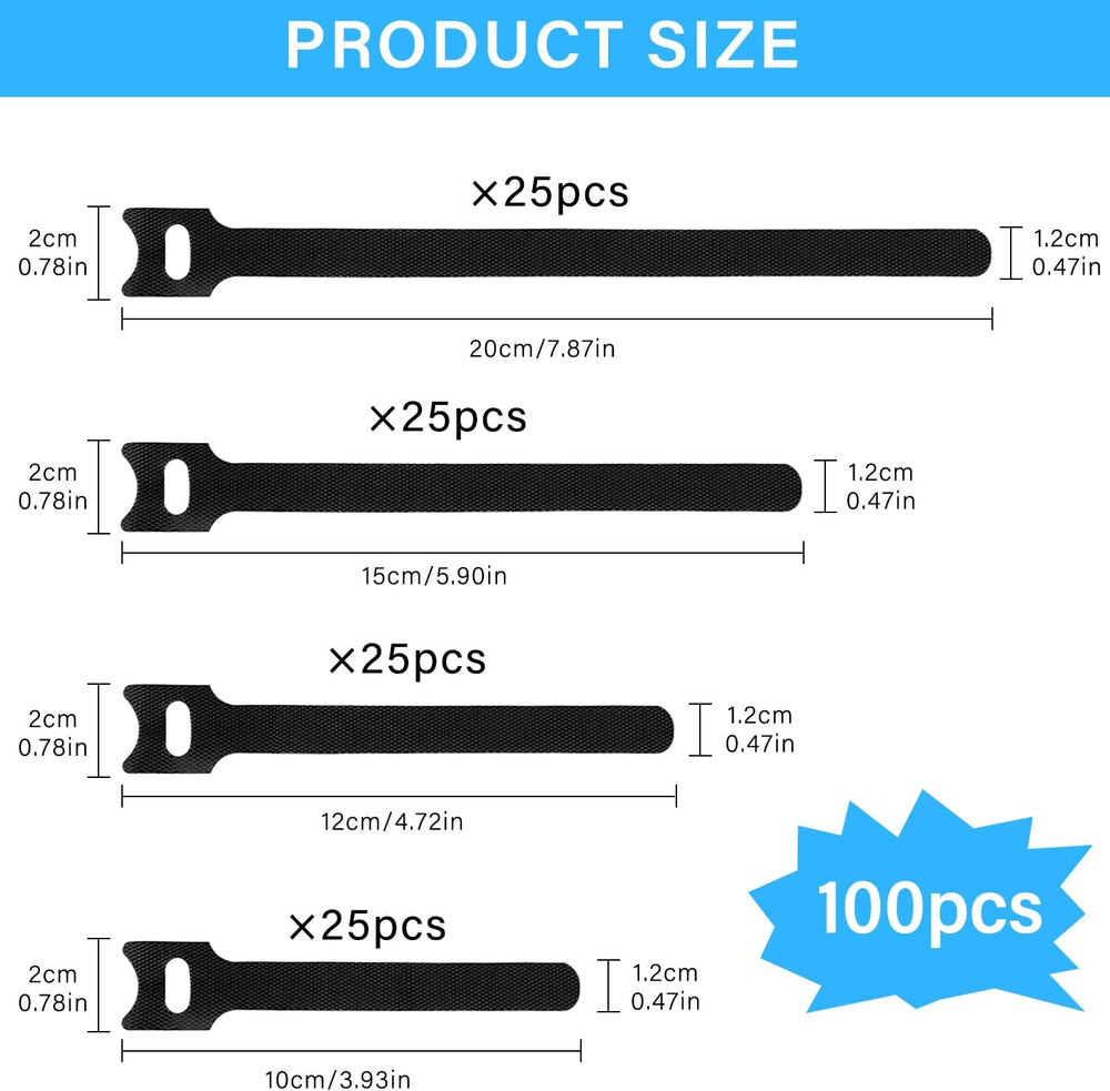 Klettband 100pcs wiederverwendbare Klettkabelbinder in 4 verschiedenen Längen 200mm/150mm/120mm/100mm Klett Kabelbinder Klettbinder Klettverschluss für Home Office Büro