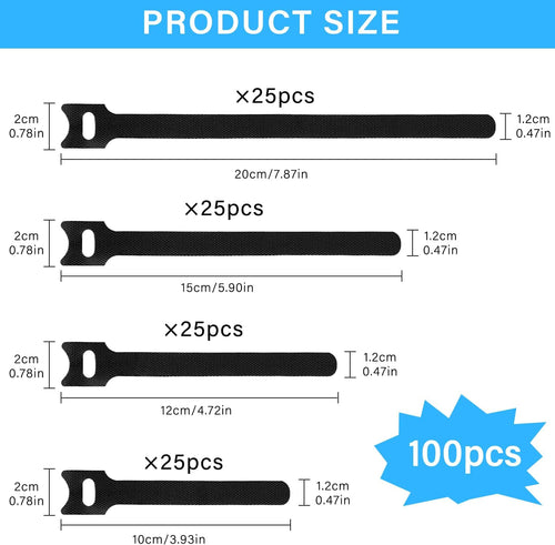 Klettband 100pcs wiederverwendbare Klettkabelbinder in 4 verschiedenen Längen 200mm/150mm/120mm/100mm Klett Kabelbinder Klettbinder Klettverschluss für Home Office Büro