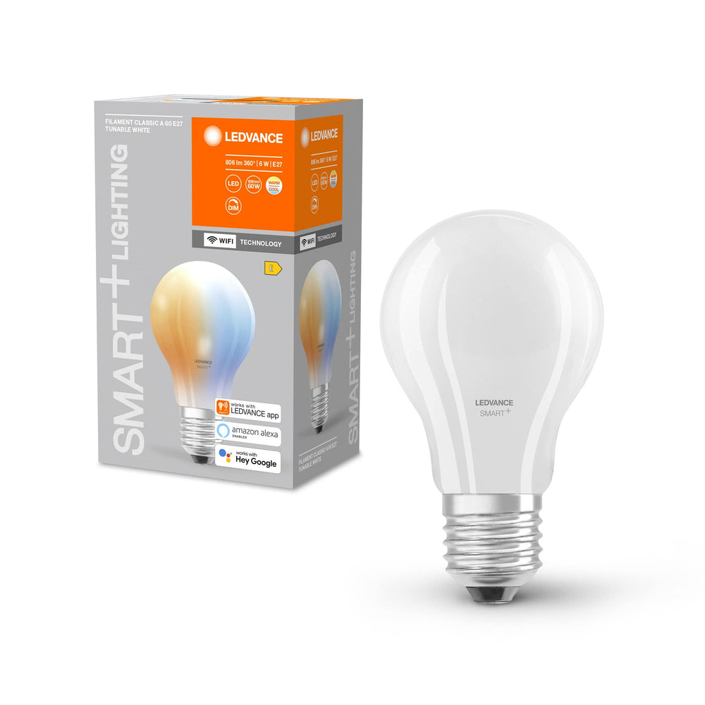 LEDVANCE Smarte LED-Lampe mit WiFi Technologie, Sockel E27, Dimmbar, Lichtfarbe änderbar (2700-6500K), ersetzt Glühlampen mit 60 W, SMART+ WiFi Classic Tunable White, 1er-Pack