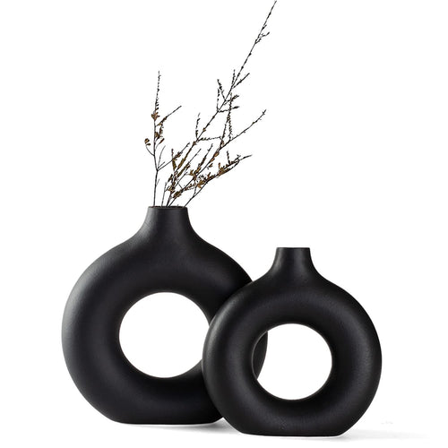 Weiße Donut Keramik Vase Satz von 2 für Moderne Home Decor, Runde Matte Vasen für Pampasgras, Neutral Boho Nordic Minimalismus Stil Blumenvasen（Groß+klein）