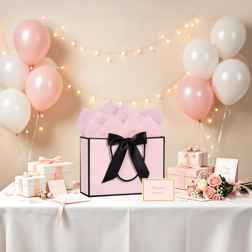 SHUBEIEUMI 3 Geschenktüten 28x20x10cm (Rosa mit schwarzem Rand)