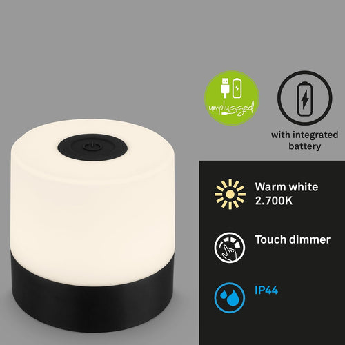BRILONER – Mini LED Tischlampe Kabellos, Dimmbare Nachttischlampe Touch, Schreibtischlampe, Leselampe, Tischleuchte Outdoor & Indoor, USB-C, Camping Lampe, Warmweißes Licht, 7x7 cm, Schwarz