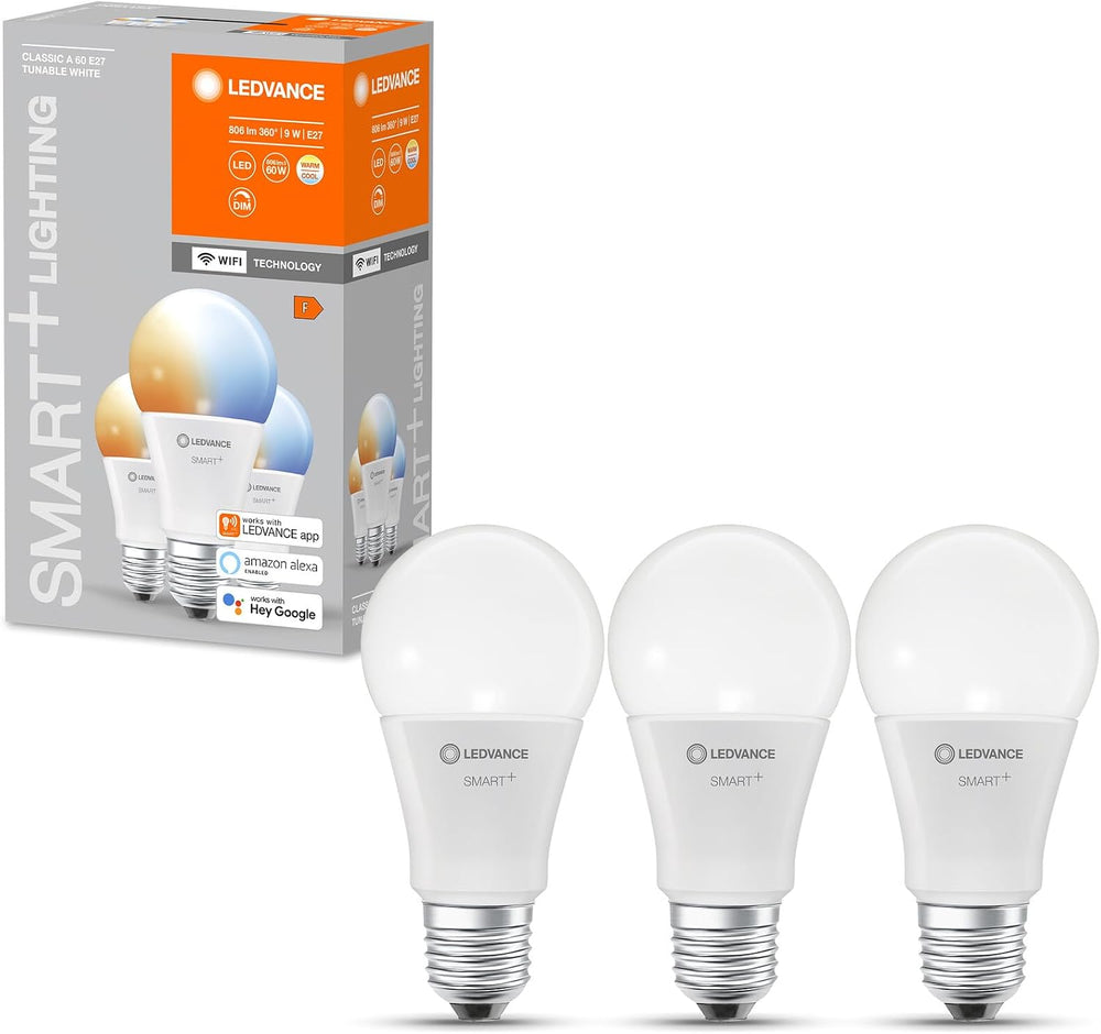 Ledvance Smarte LED-Lampe mit WiFi Technologie, Sockel E27, Dimmbar, Lichtfarbe änderbar (2700-6500K), ersetzt Glühlampen mit 60 W, SMART+ WiFi Classic Tunable White, 3er-Pack