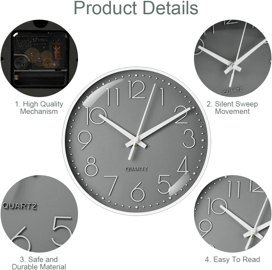 Aolso Wanduhr, geräuschlos und tickt Nicht, Batteriebetriebene runde Wanduhr, Digitale Wwanduhr, modernes Quarz-Design, für Wohnzimmer, Büro, Küche oder Kinderzimmer (Grau, 20CM)