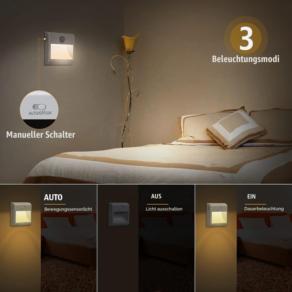 Nachtlicht mit Bewegungsmelder Batteriebetrieben, 2 Stück LED Nachtlicht