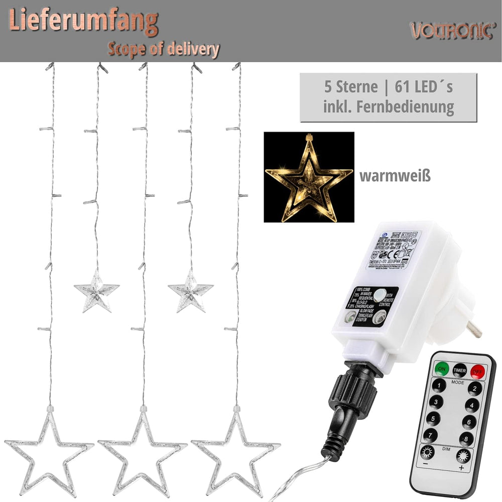 VOLTRONIC LED Lichtervorhang, innen und außen, IP44, Modell- und Farbwahl, 5 Sterne 61 LEDs, warmweiß, Fernbedienung