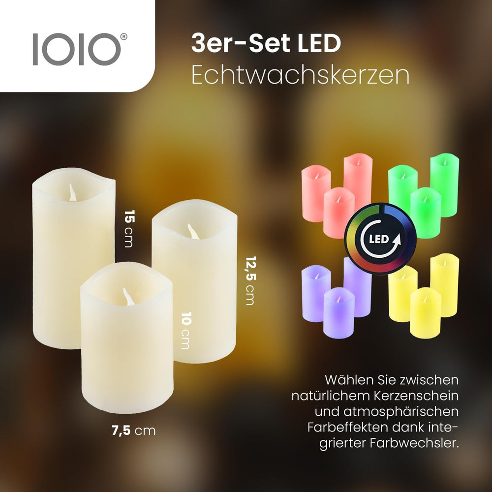 Olympia IOIO 3er Echtwachskerzen-Set mit Fernbedienung und Farbwechsel, LED 48, 40138