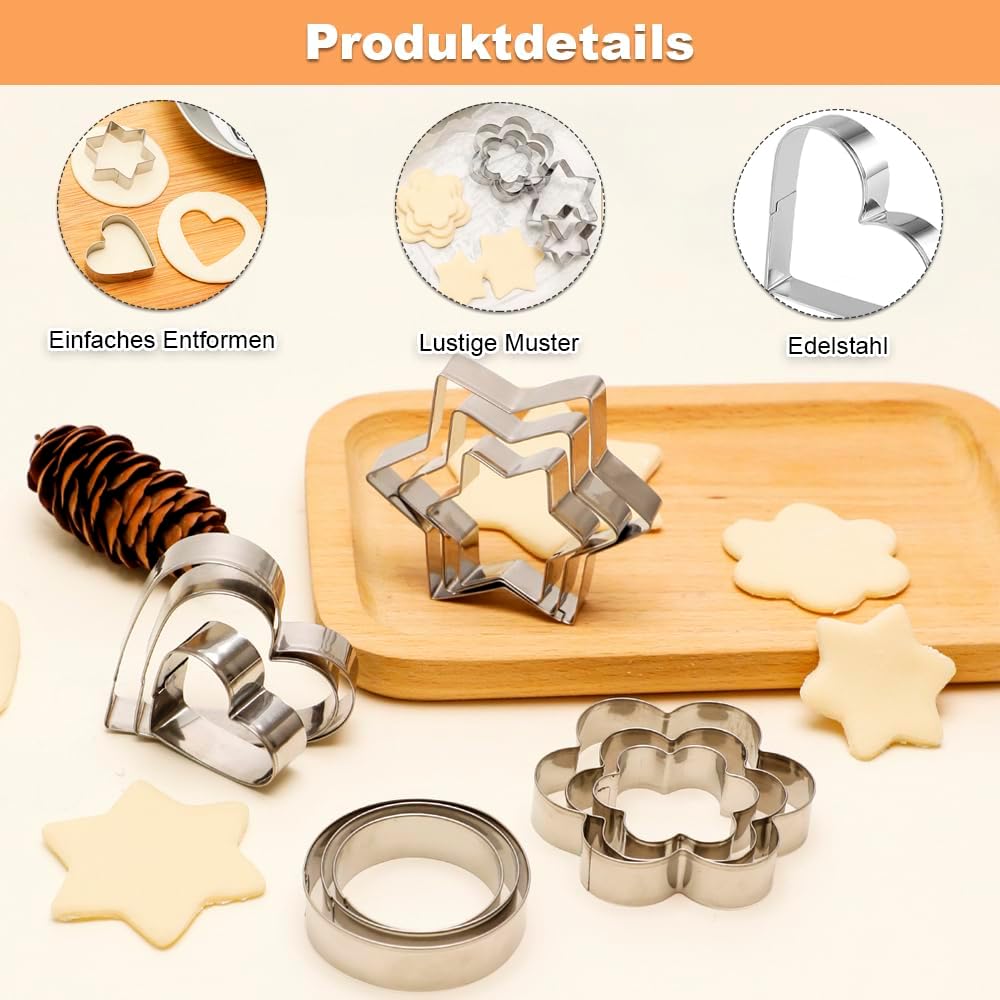 Ausstechformen Set 12 Stück Keksausstecher Edelstahl Ausstecher, Herz, Blume, Rund, Sternform Ausstechform für Keks Fondant Plätzchen