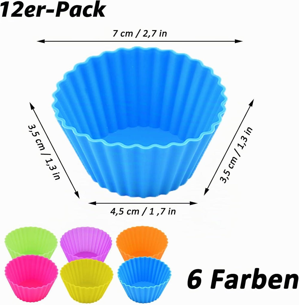 Muffinform Silikon, 12 Stück Antihaft-Backform Silikon,Wiederverwendbare Muffinförmchen, 6 Farben, Verwendung in Kuchen, Pudding, Sahne