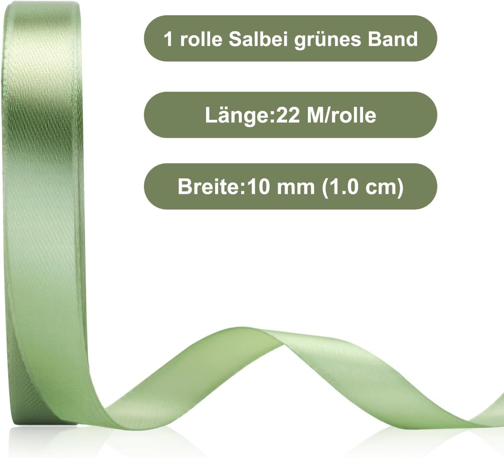 G2PLUS 10mm Salbei Grün Geschenkband Satin: 22m Schleifenband zum Bastel