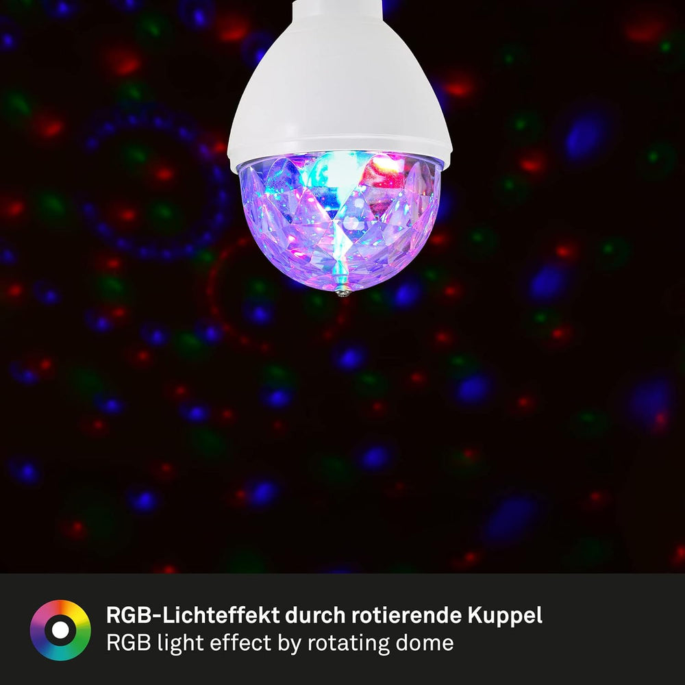 BRILONER - LED Discokugel E27 mit buntem RGB Licht, rotierendes Licht, Leuchtmittel, Discolicht Partylicht, Party Deko Geburtstag, Partybeleuchtung, Lampe, Glühbirne, LED Birne, 12,9x7,3 cm, Klar