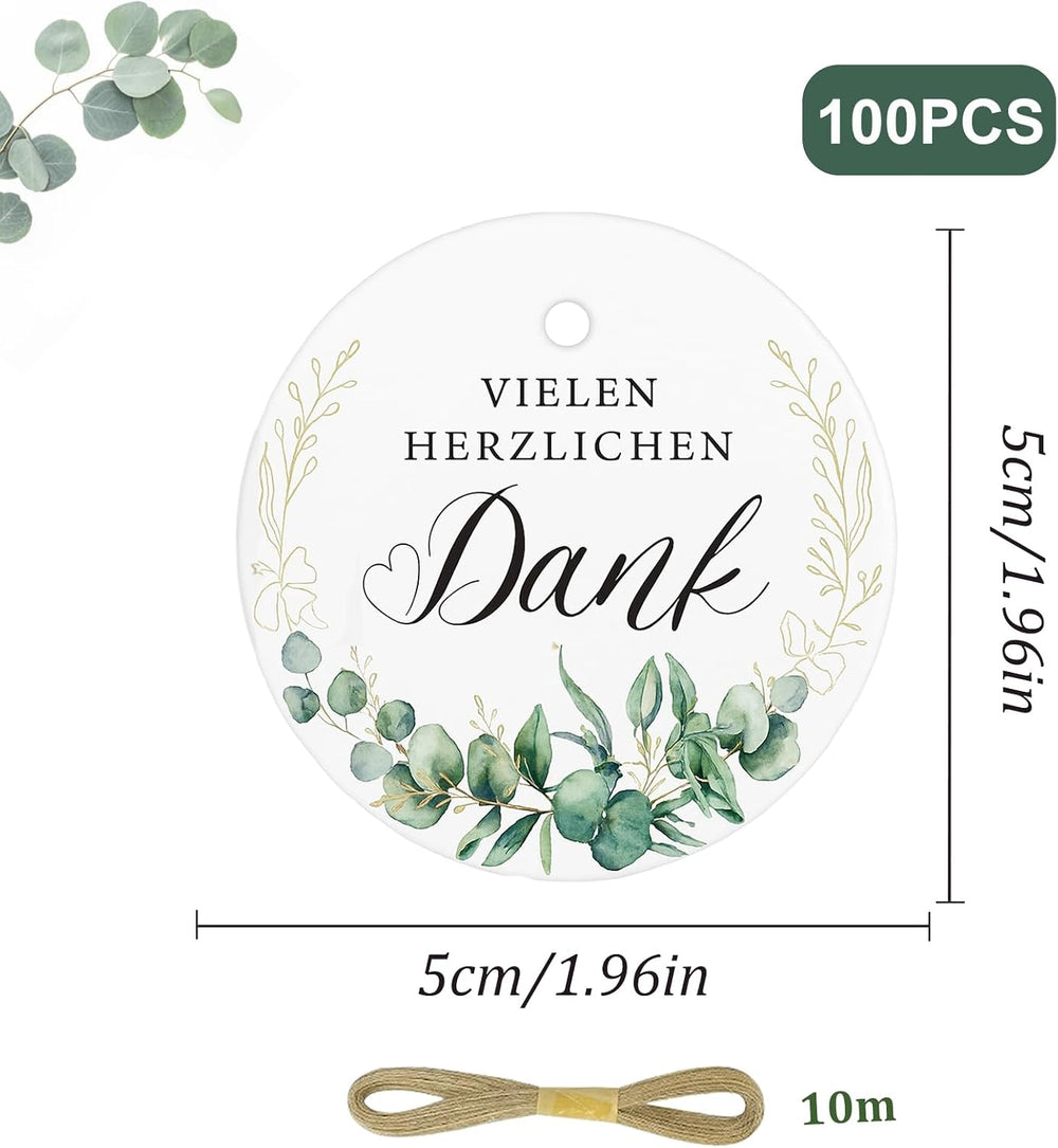 100 Stück Dankesetiketten rund 5 cm mit grünen Blättern – Geschenkanhänger mit Sprüchen & Schnur, Papieranhänger für Geschenkverpackung, Hochzeit, Party, Flaschen & Geschenkboxen