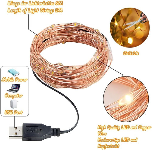 2 Stück Led Lichterkette mit USB, IP65 Wasserdicht, 5M 50er Micro LED Kupferdraht Lichterkette, Wasserdicht Weihnachten Weihnachtsbaum Lichterketten für Party, Garten, Hochzeit, Deko, Warmweiß