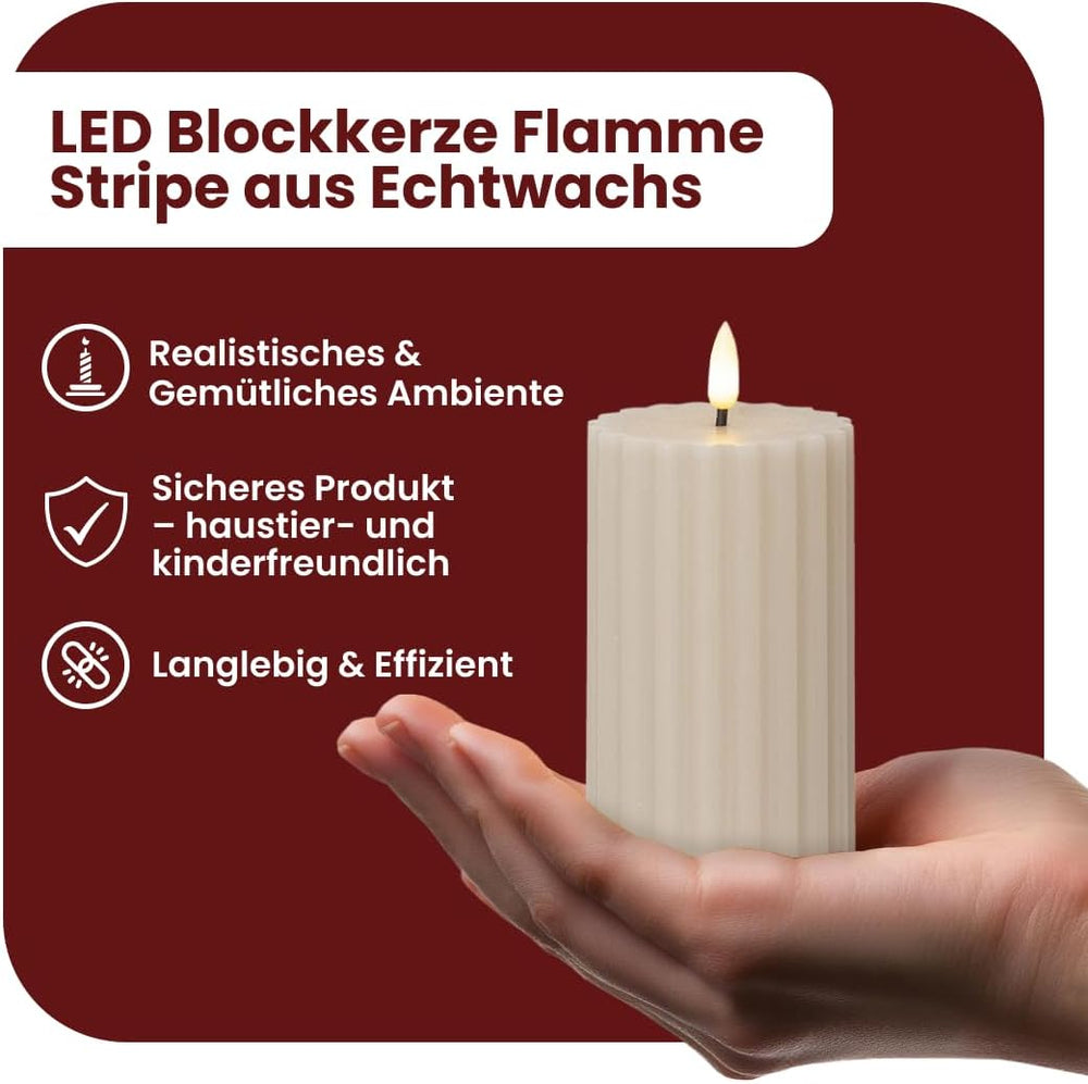 Star Trading LED Stumpenkerze 15cm - Rillen-Optik Flackernd Warmweiß