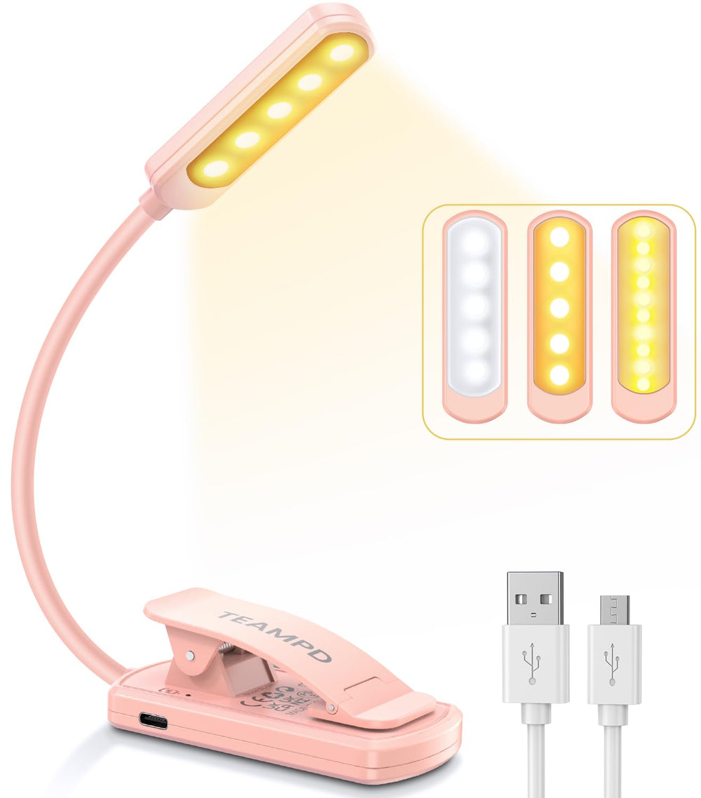 TEAMPD Leselampe Buch Klemme, Buchlampe mit 10 LEDs, 3 Farbtemperatur Modi Dimmbare Helligkeit, Augenschutz Klemmlampe, USB Wiederaufladbare Klemmleuchte, 360° Flexibel für Nachtlesen ins Bett, Reisen