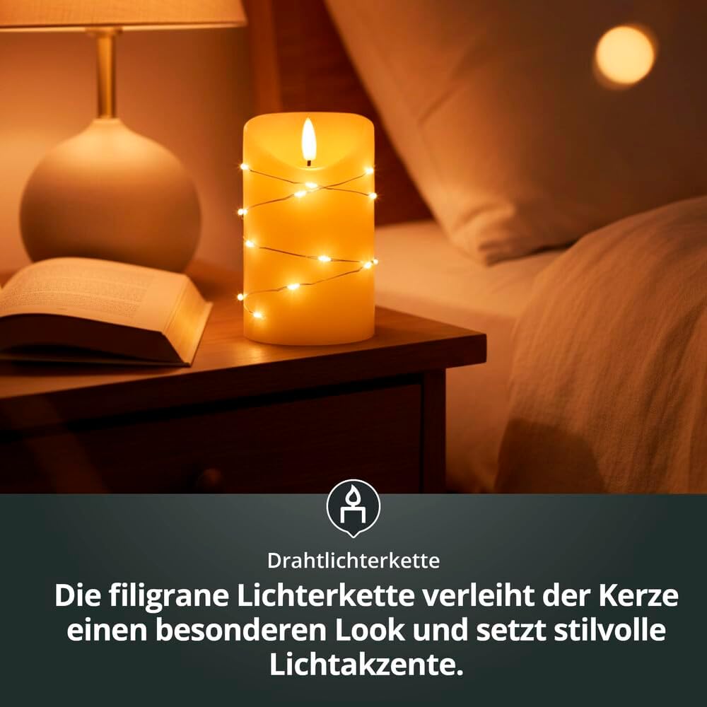 LED Universum - LED Kerze Cynthia 10cm, Echtwachskerze umwickelt mit einer LED Lichterkette, cremefarben, warmweißes Licht, 5h Timer, Batteriebetrieben: 2x AA (nicht inklusive) (Cynthia 10 cm)