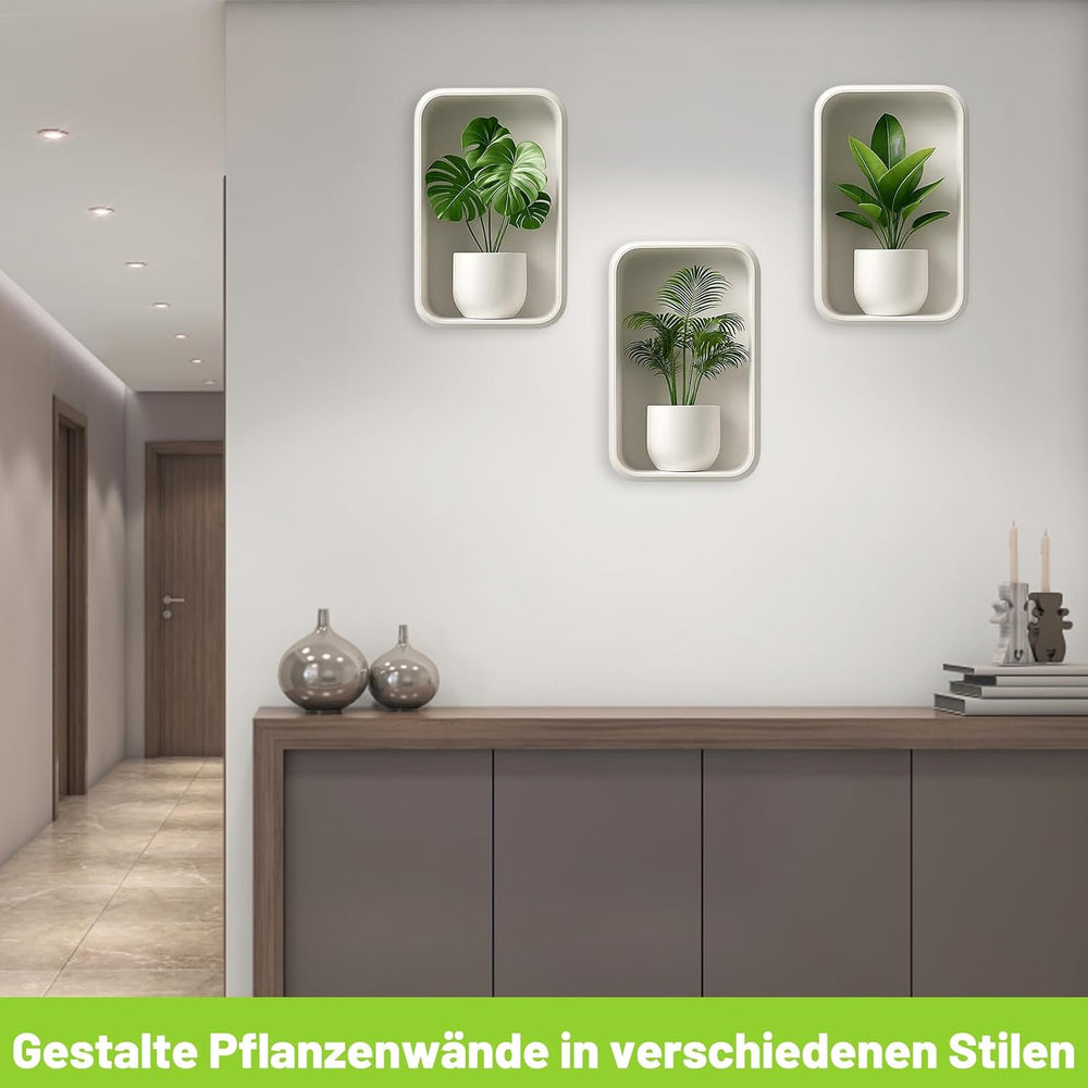 3 Stück Wandaufkleber Pflanzen, 3D Bilder Wandtattoo Wohnzimmer, Selbstklebende Wandsticker mit Blumenmotiv, Wandtattoo Badezimmer für moderne Wanddekoration