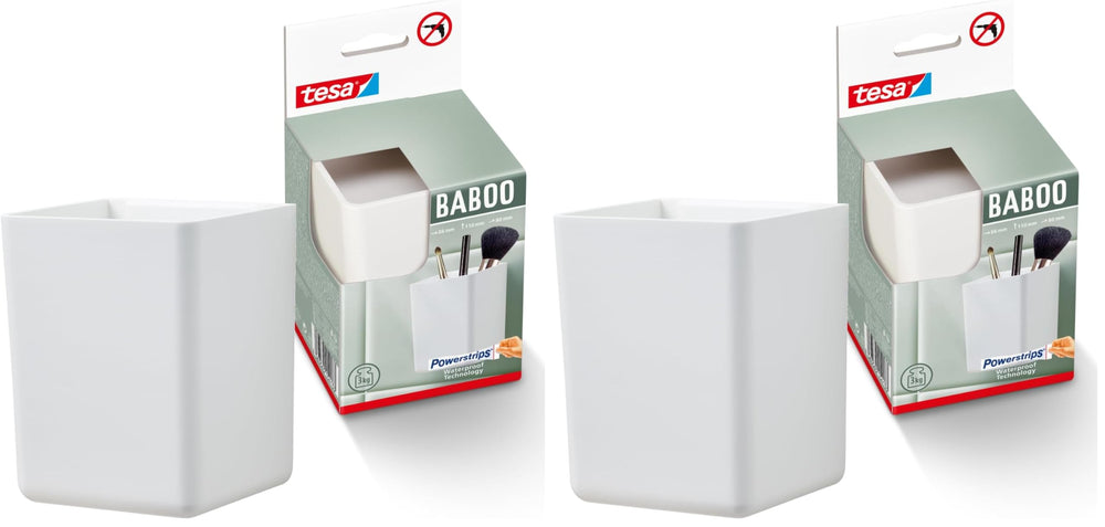 tesa Baboo Badorganizer S mit Bambus-Deckel, matt-weiß - Bad-Aufbewahrungsbox zur Wandmontage ohne Bohren, inkl Powerstrips Waterproof Strips XL - 122 mm x 110 mm x 102 mm