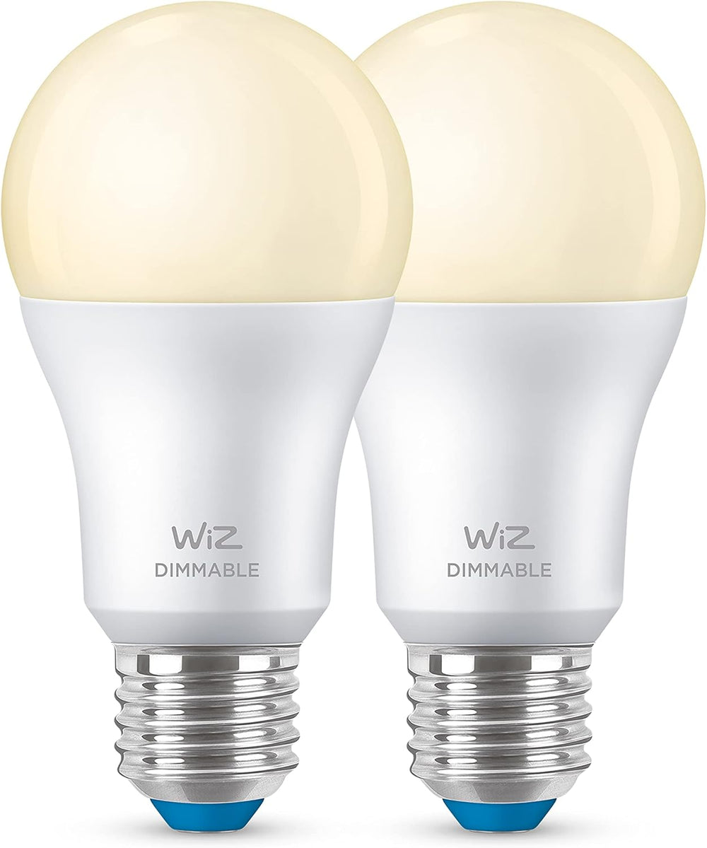 WiZ Warm White LED Lampen E27 2er Pack (806 lm), 60 W Lampen mit warmweißem dimmbarem Licht, smarte Lichtsteuerung über WLAN per Stimme/App