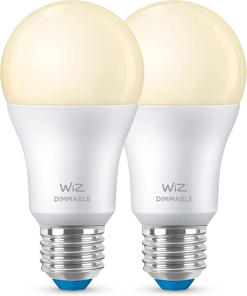 WiZ Warm White LED Lampen E27 2er Pack (806 lm), 60 W Lampen mit warmweißem dimmbarem Licht, smarte Lichtsteuerung über WLAN per Stimme/App