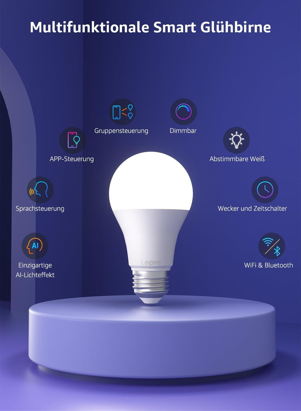 Lepro AI Smart Glühbirne B1, E27, 8,5W, 806lm, dimmbar, RGB+CCT