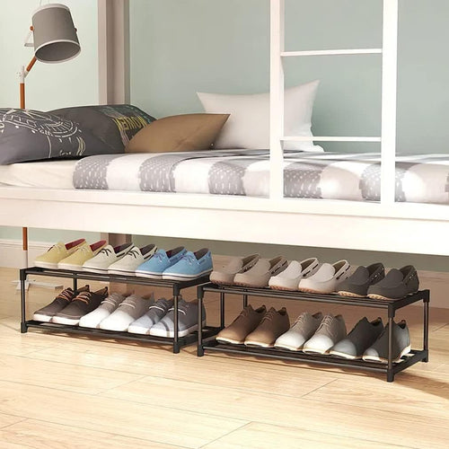 2-Stöckiges Schuhregal Klein, Schlank Mit Anti-Rost-Beschichtung, Geeignet für Schlafsaal, Miethaus, Balkon, Stapelbar Und Schmal (Schwarz, 2