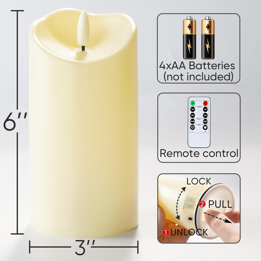 Homemory 7,6 cm x 15 cm Outdoor Wasserdicht Flammenlose LED Kerzen, Batteriebetriebene Kerzen mit Fernbedienung und Timer, Elektrische Fake Plastik Stumpenkerzen, Dunkel Elfenbein, 2er-Set